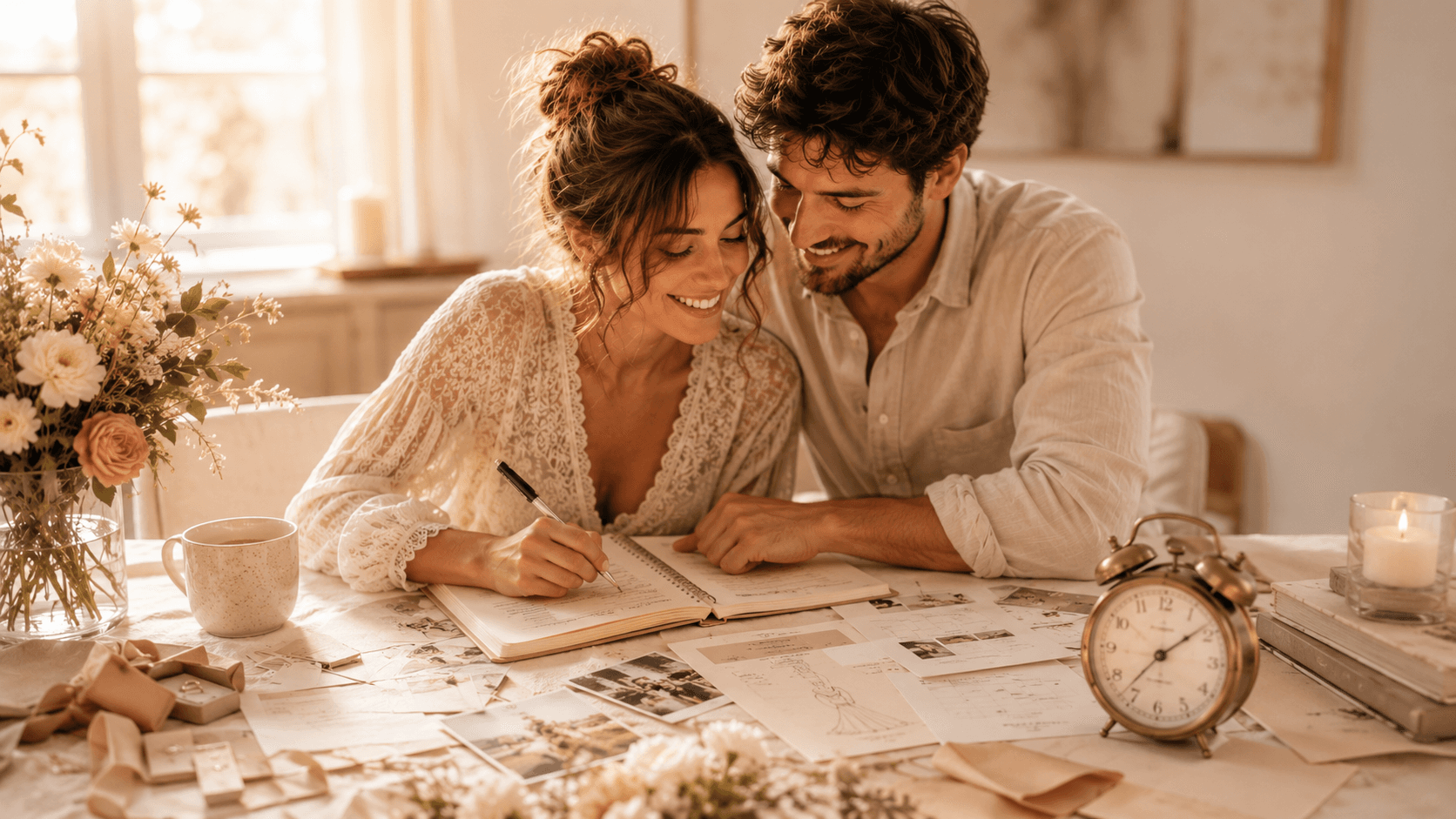 Couple préparant le rétroplanning et l’organisation de son mariage