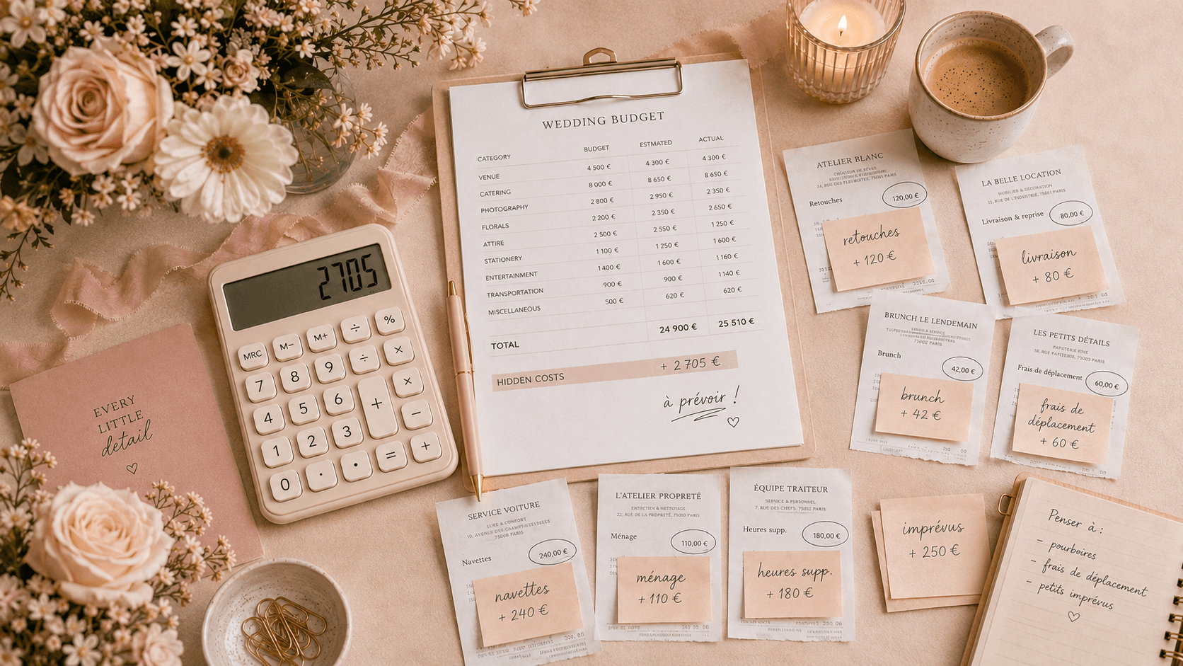 Budget de mariage avec factures, devis et dépenses à anticiper