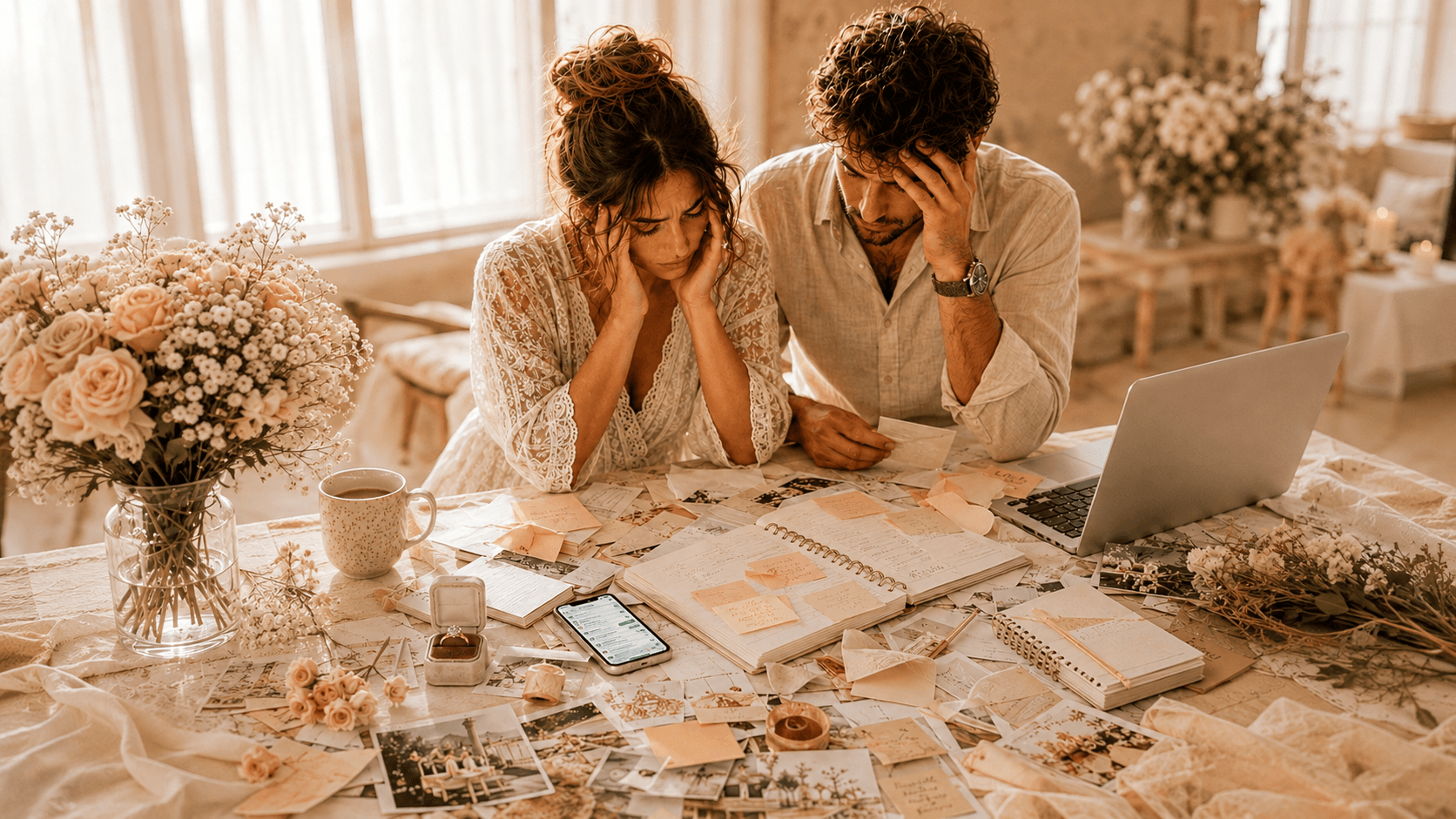 Couple fraîchement fiancé préparant son mariage ensemble