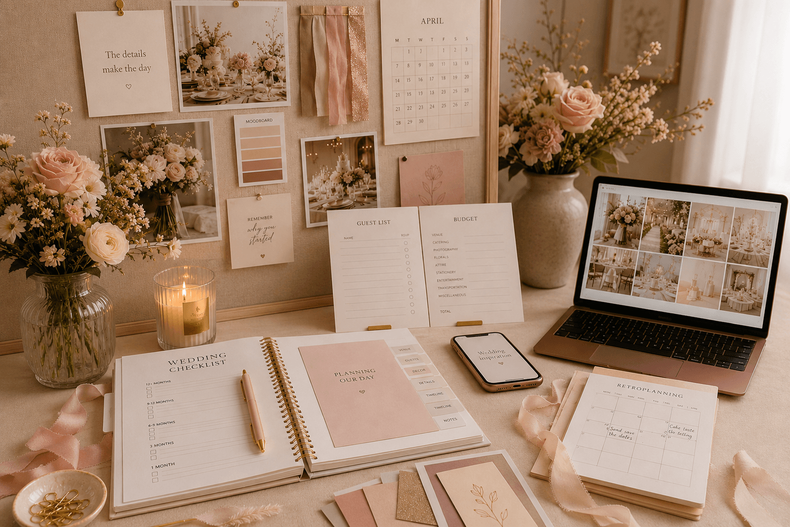 Couple organisant son mariage avec un planning, un ordinateur et des documents